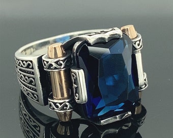 Men Blue Stone Ring , Zircon Sapphire Stone Ring , Turkısh Handmade Ring , Ottoman Style Ring , 925k Sterling Silver Ring , Gift For Him