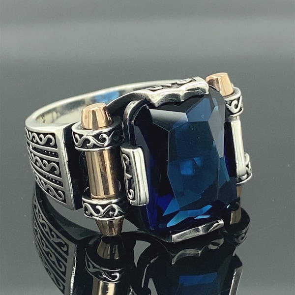 Men Blue Stone Ring , Zircon Sapphire Stone Ring , Turkısh Handmade Ring , Ottoman Style Ring , 925k Sterling Silver Ring , Gift For Him