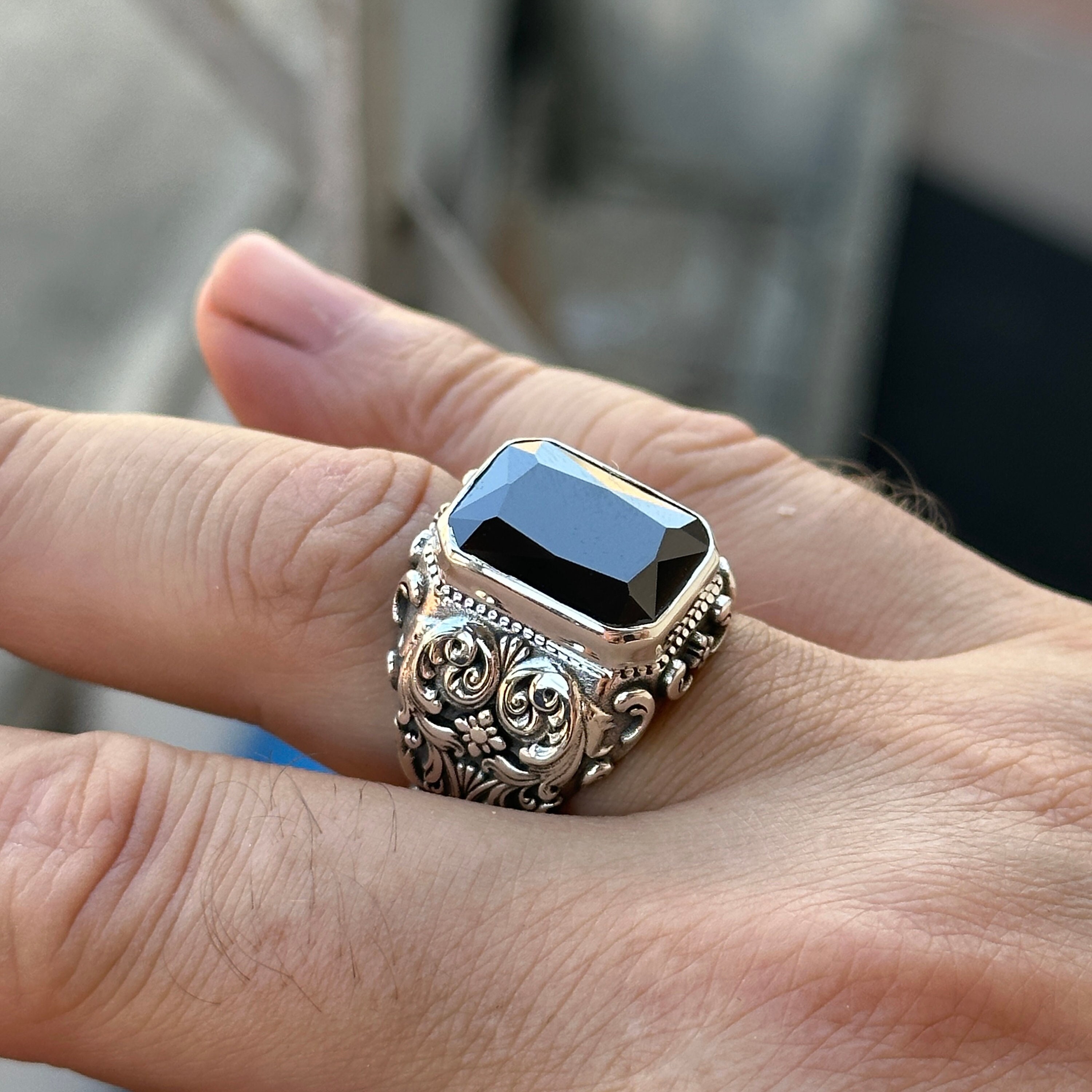 Men Handmade Silver Ring, Zircon Stone Ring, Mens Black Stone