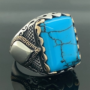 Men Handmade Turquoise Ring , Natural Gemstone Ring , Handcrafted Ottoman Men Ring , 925k Sterling Silver Ring , Gift for Him