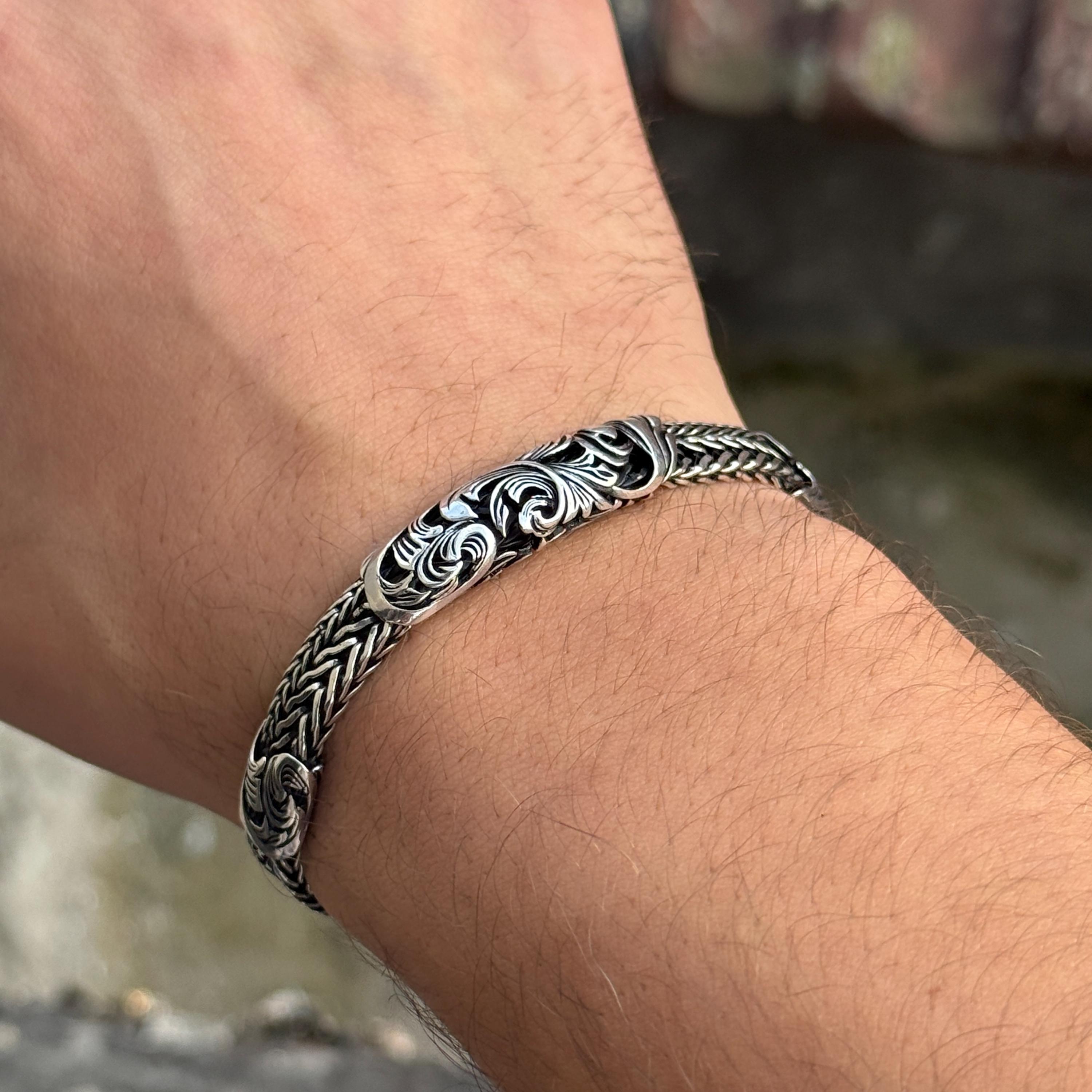 Sterling Silver Engraved Bracelet, Foxtail Chain Bracelet, Han