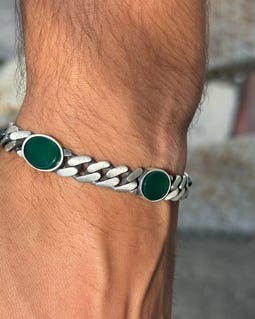 925 Silver Green Agate Chain Bracelet, 10MM Curb Chain Men