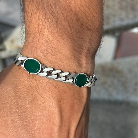 925 Silver Green Agate Chain Bracelet, 10MM Curb Chain Men