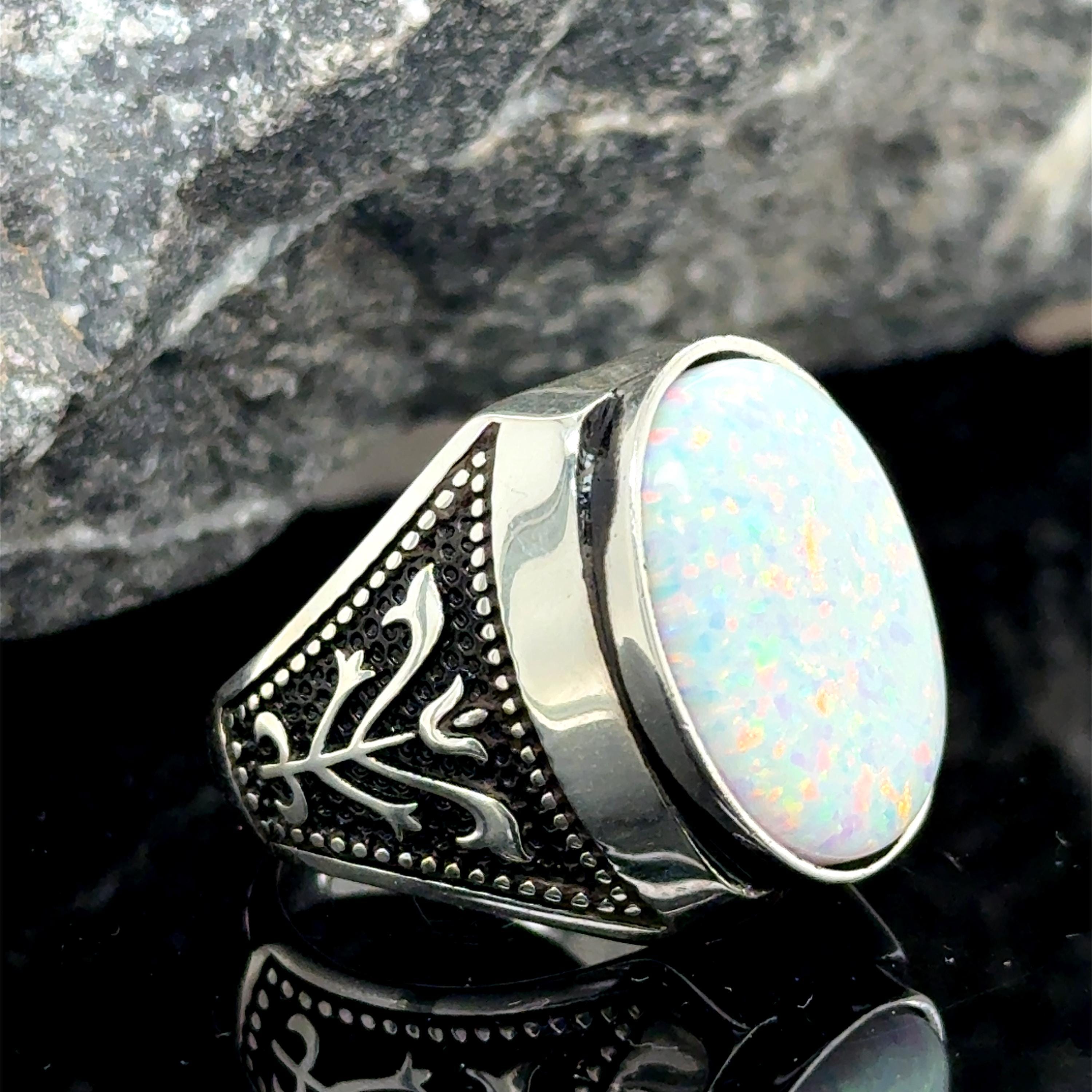 Silver White Fire Opal Ring, Mens Opal Signet Ring, Handmade Silver White Fire Opal Ring, Mens Opal Signet Ring, Handmade