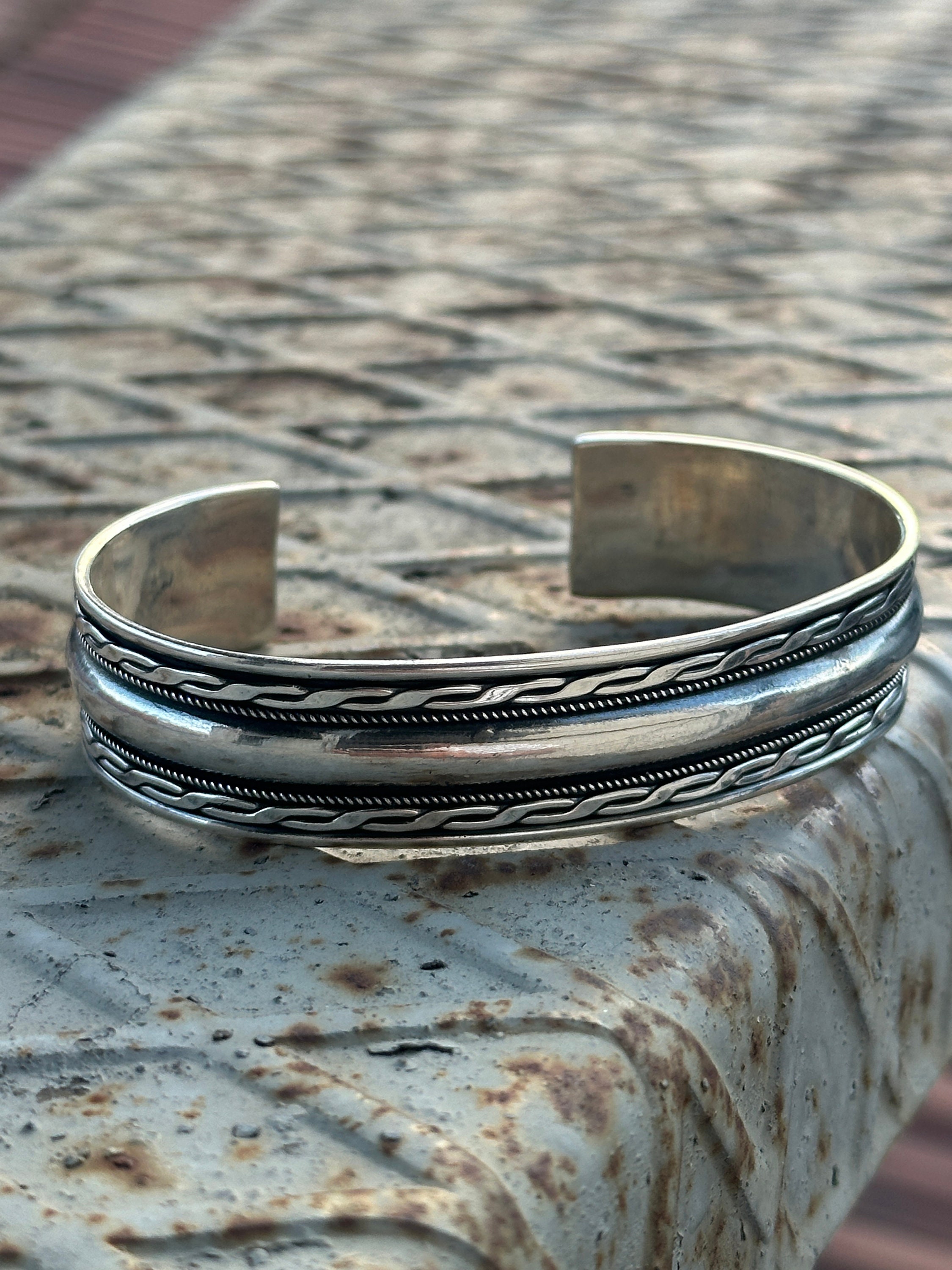 Men Silver Bracelet , Handmade 18MM Cuff Bracelet , Sterling