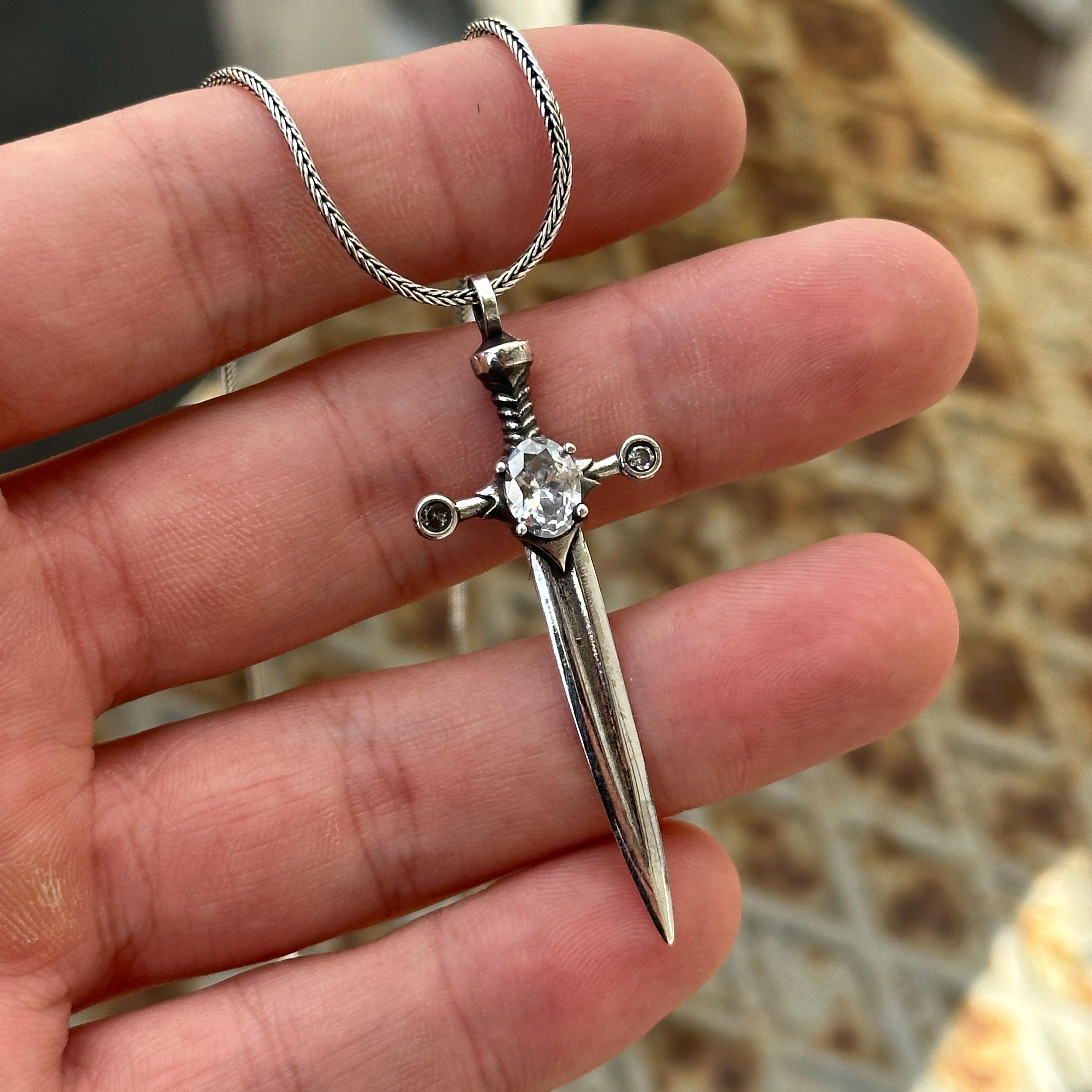 Silver Sword Pendant , White Moissanite Stone Sword Necklace