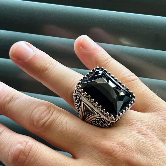 Large Black Gemstone Ring, Men Square Zircon Black Stone Ring