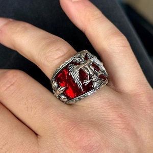 Silver Ruby Gemstone Large Eagle Ring, Double Eagle Signet Ring, Hand-Engraved Mens Ring, Turkish Handmade Ring, Gift For Men, 925 Silver