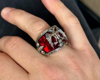 Silver Ruby Gemstone Large Eagle Ring, Double Eagle Signet Ring, Hand-Engraved Mens Ring, Turkish Handmade Ring, Gift For Men, 925 Silver