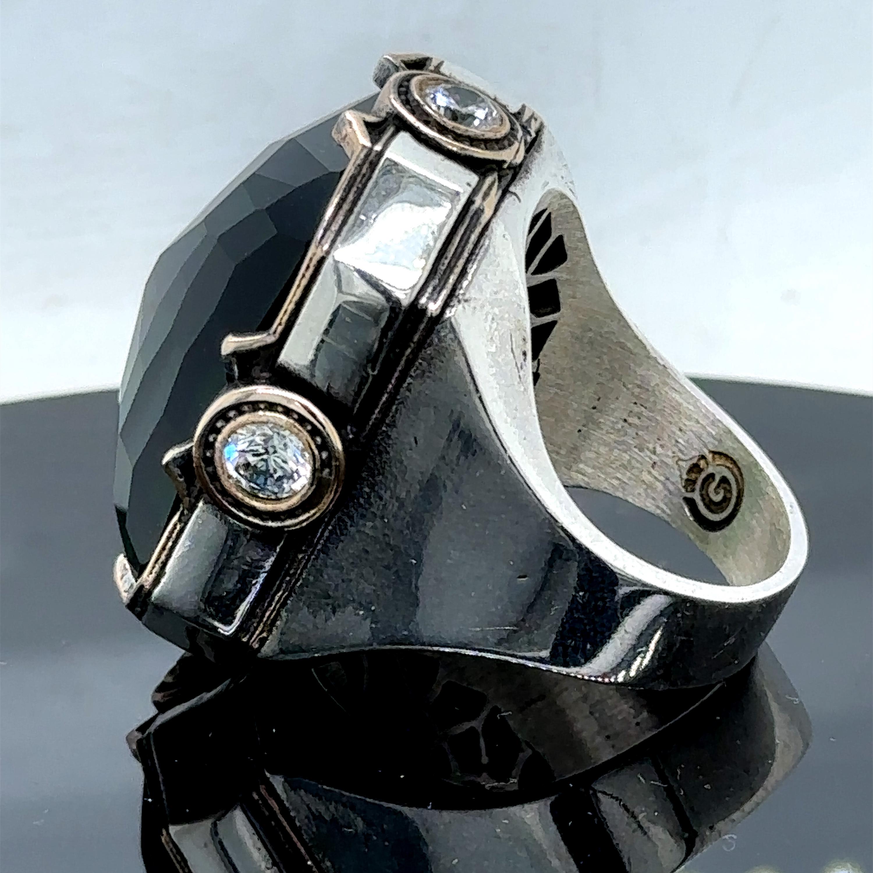 シルバー グリーン ジルコン リング、メンズ ハンドメイド ラージ