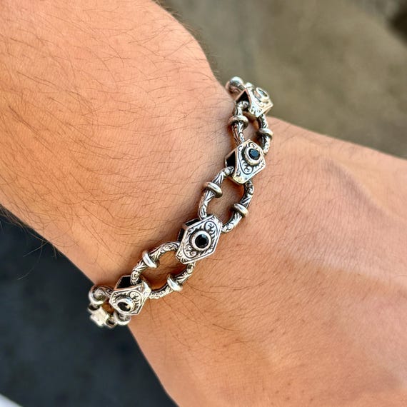 シルバーハンドエングレービングチェーンブレスレット、オニキス 
