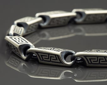 Men Silver Byzantine Bracelet, Greek Engraved Bracelet, Perfect Men Bracelet, Oxidized Chain Bracelet, Gift For Men, 925 Silver Bracelet