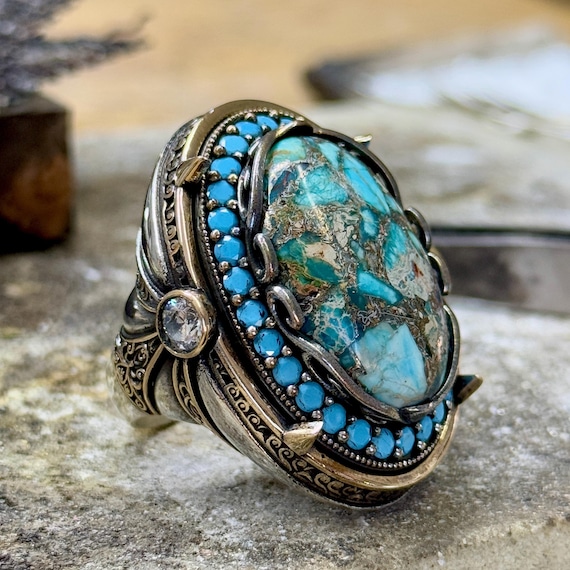 Men Silver Natural Turquoise Ring Unique Ottoman Style Handmade