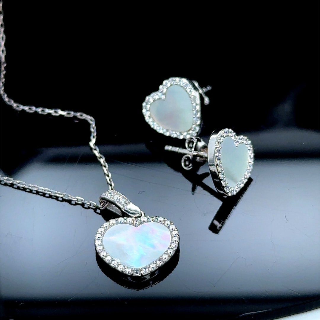 ★ROSEMONT★ Silver mother-of-pearl heart earrings necklace 42514__34399.1704728340.386.