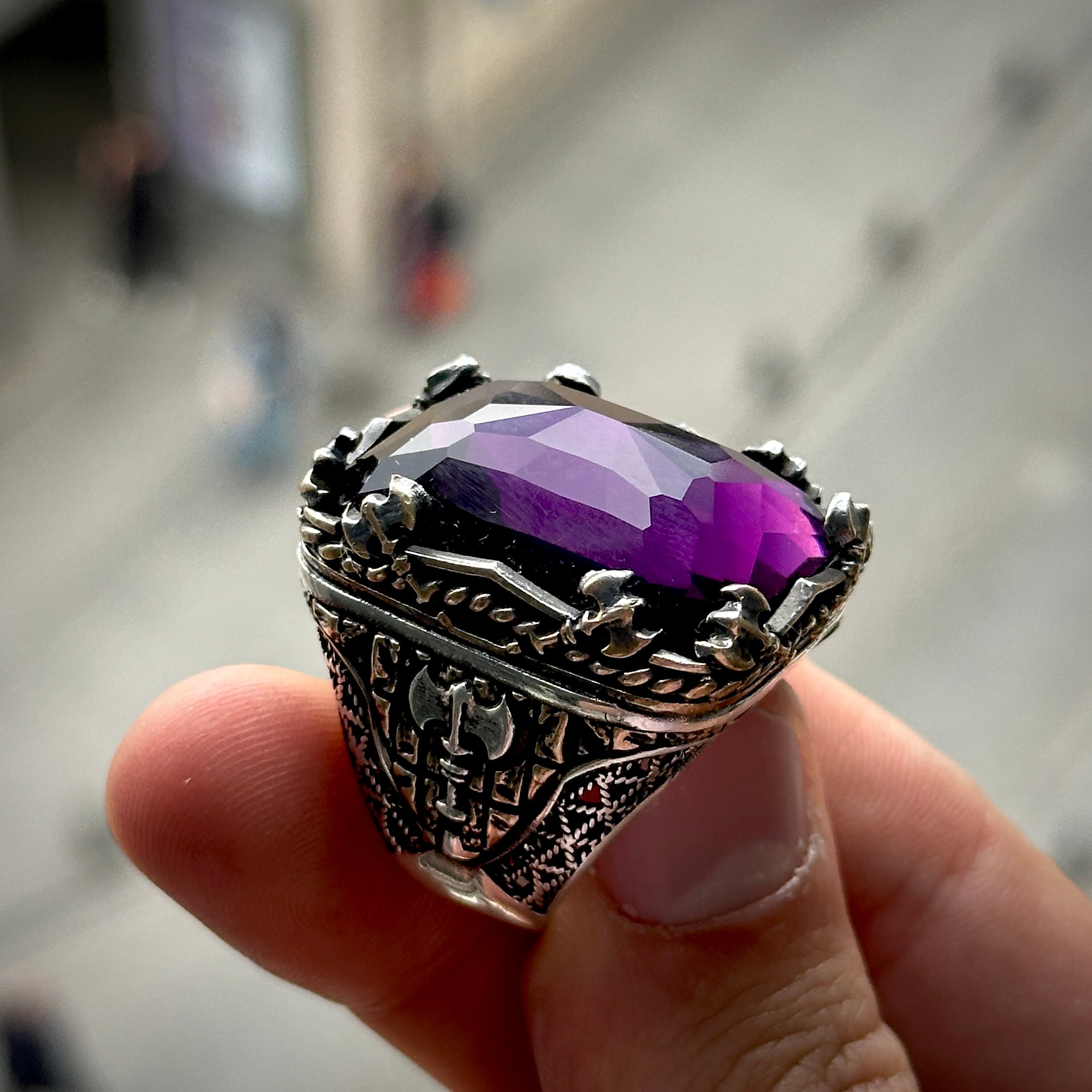 Silver Amethyst Men's Ring , Man Silver Axe Large Ring Silver Amethyst Men's Ring , Man Silver Axe Large Ring
