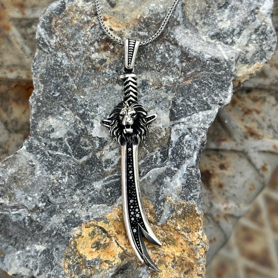 Silver Zulfiqar Necklace , Leon Head Sword Pendant, Stone Handmade