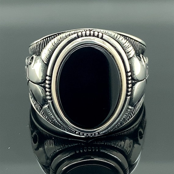 Silver Bull Head Signet Men's Ring , Onyx Stone Man Ring , Oval