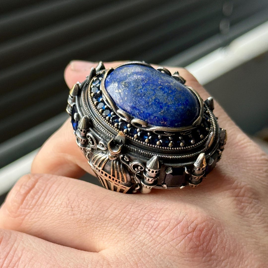 Silver Large Lapis Lazuli Ring, Blue Lapis Big Gemstone Ring, Big