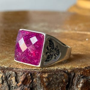 Men Handmade Ruby Stone Silver Ring, Square Eagle Mens Signet Ring, Red Gemstone Men Ring, Classic Signet Ring, 925 Sterling Silver Ring