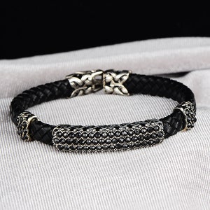 Silver Black Stone Bracelet , Man Handmade Bracelet , Black Leather Bracelet , Silver Vintage Bracelet , 925k Sterling Silver Bracelet
