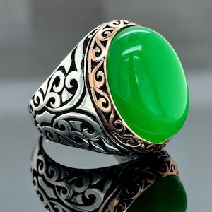 Silver Jade Stone Ring, Ottoman Style Engraved Ring, Green Jade Stone Ring, Turkish Handmade Sterling Silver Ring, Gift For Men, 925 Silver