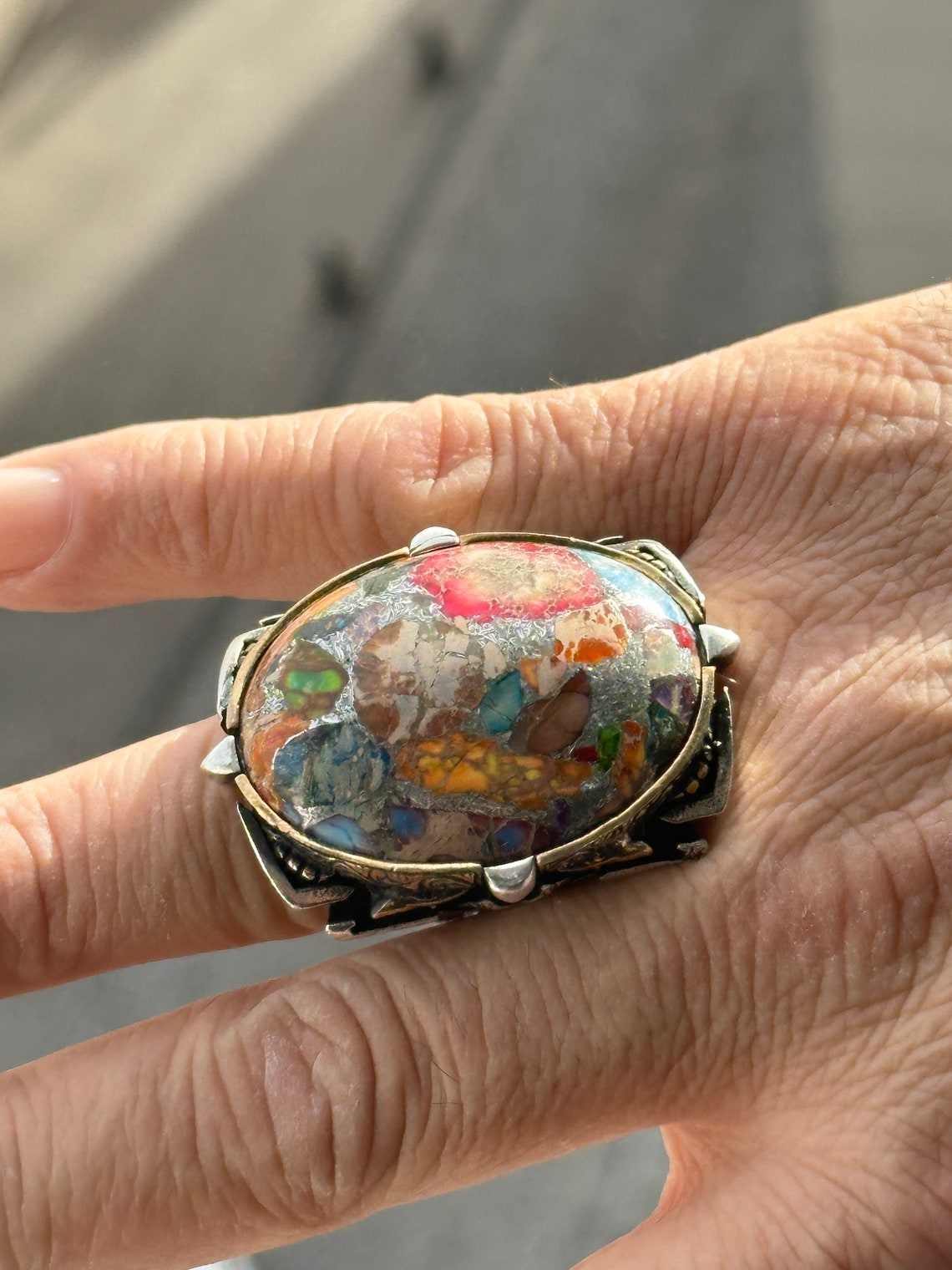 Silver Turquoise Ring , Large Multi Color Turquoise Ring , Natural ...
