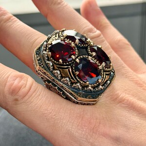 Men Silver Large Ruby Ring , Engraved Ottoman Silver Handmade Large Men ...