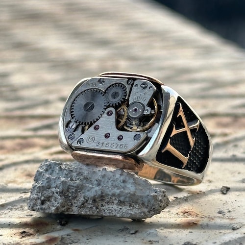 Silver Clock Ring , Clock Mechanism Ring , Swiss Ring , Reversible