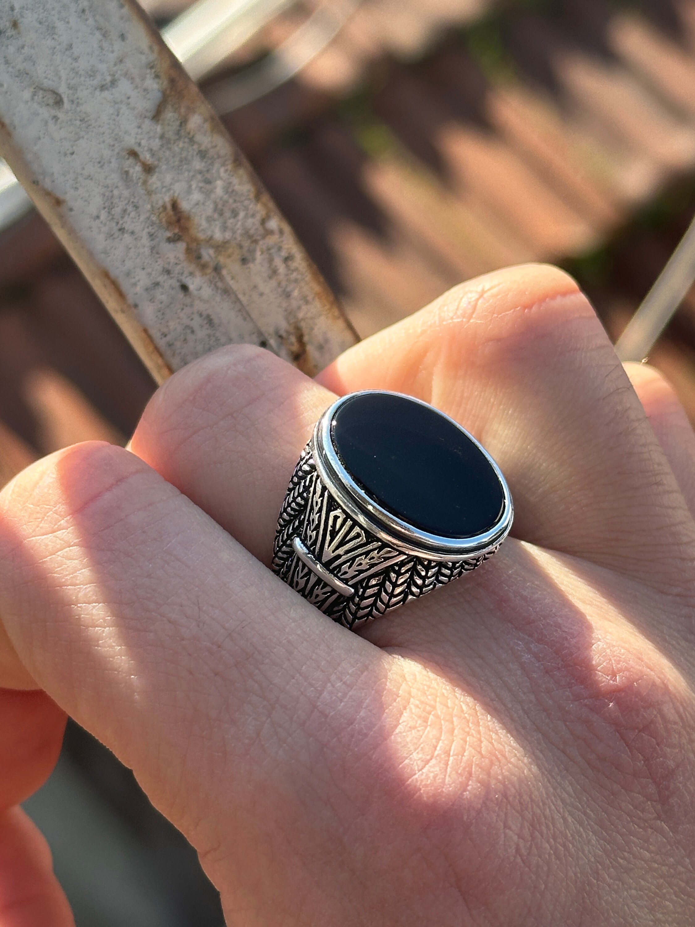 Silver Oval Black Onyx Ring , Onyx Signet Ring , Engraved