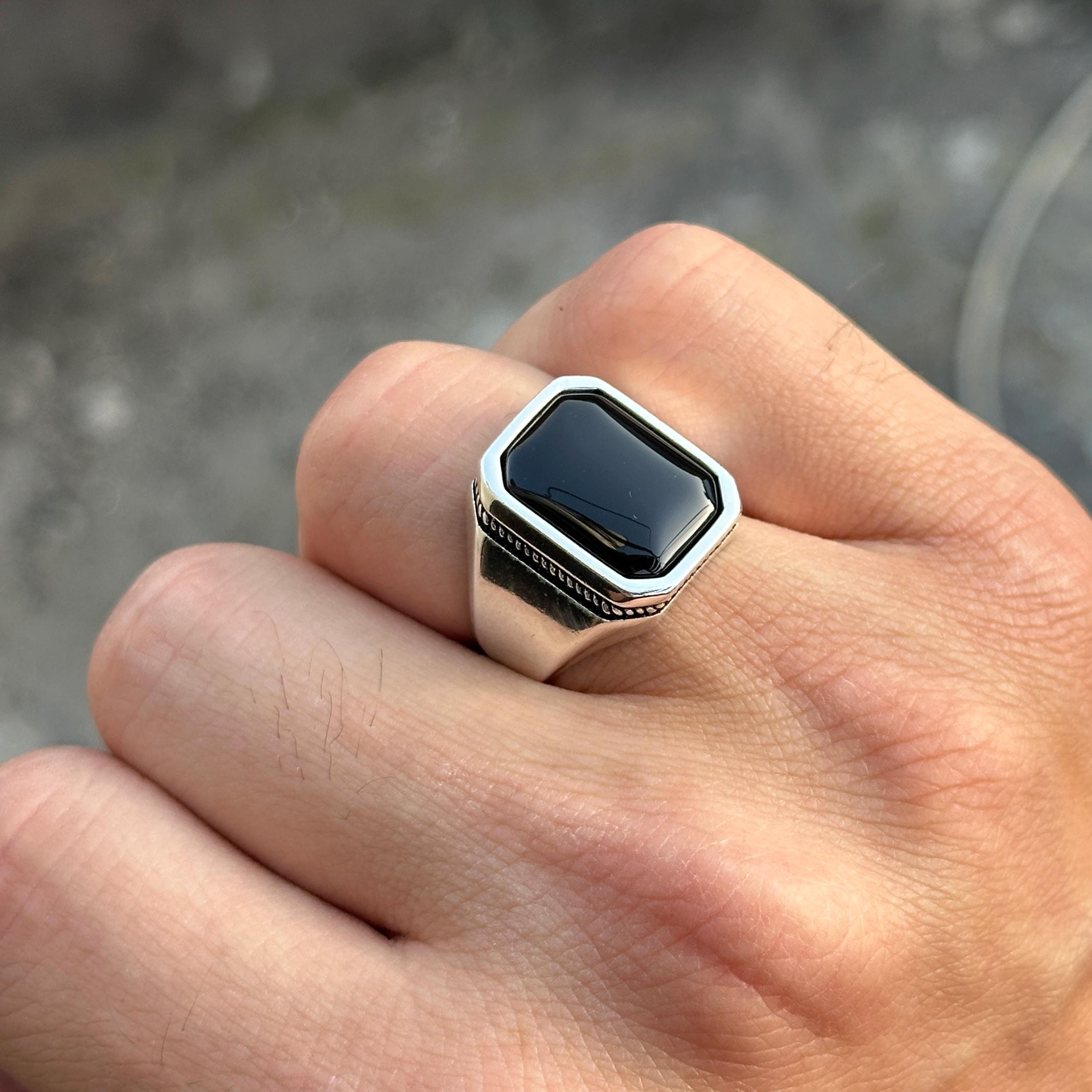 Silver Square Black Onyx Ring , Onyx Signet Ring Classic Handmade