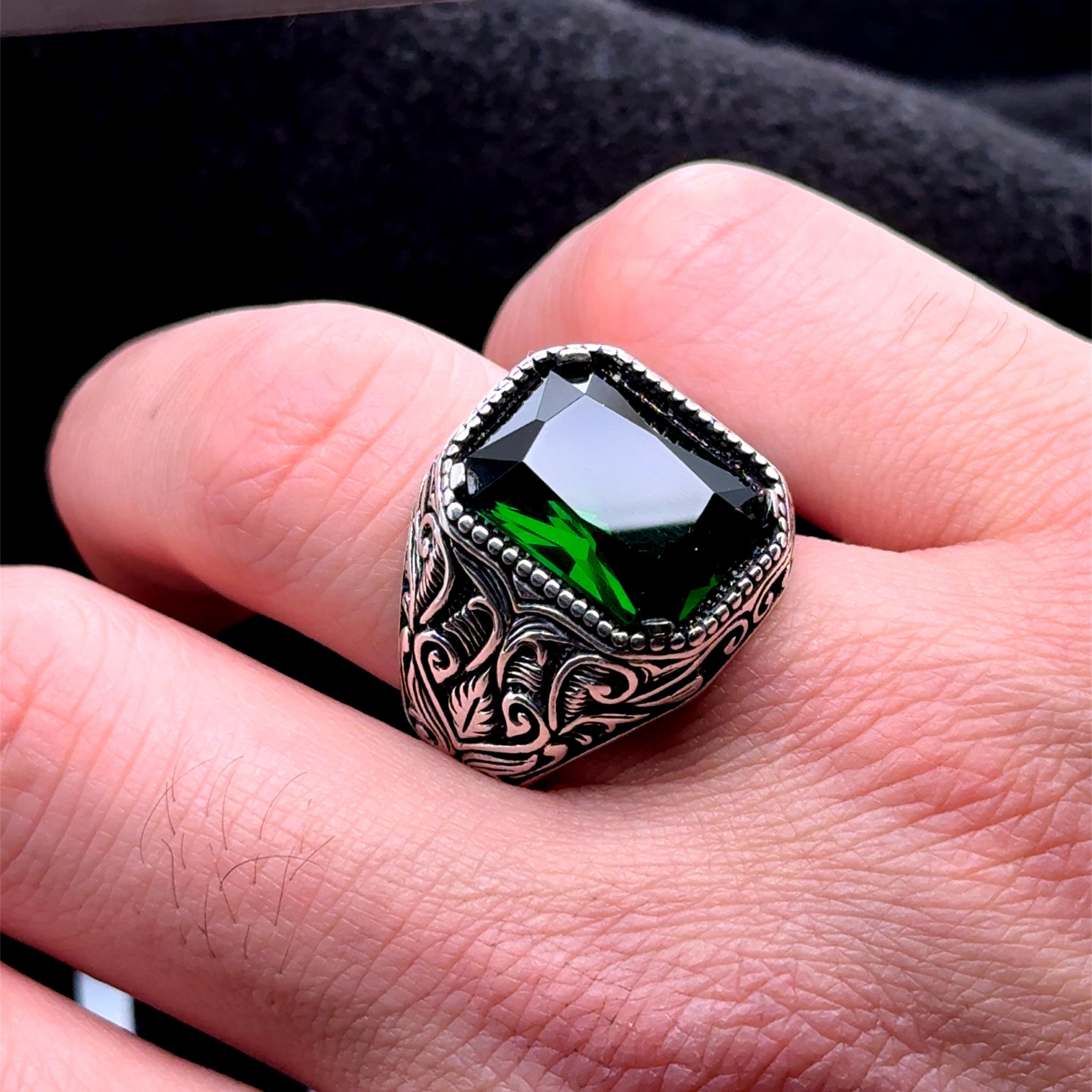 Men Handmade Green Stone Ring , Silver Emerald Stone Ring