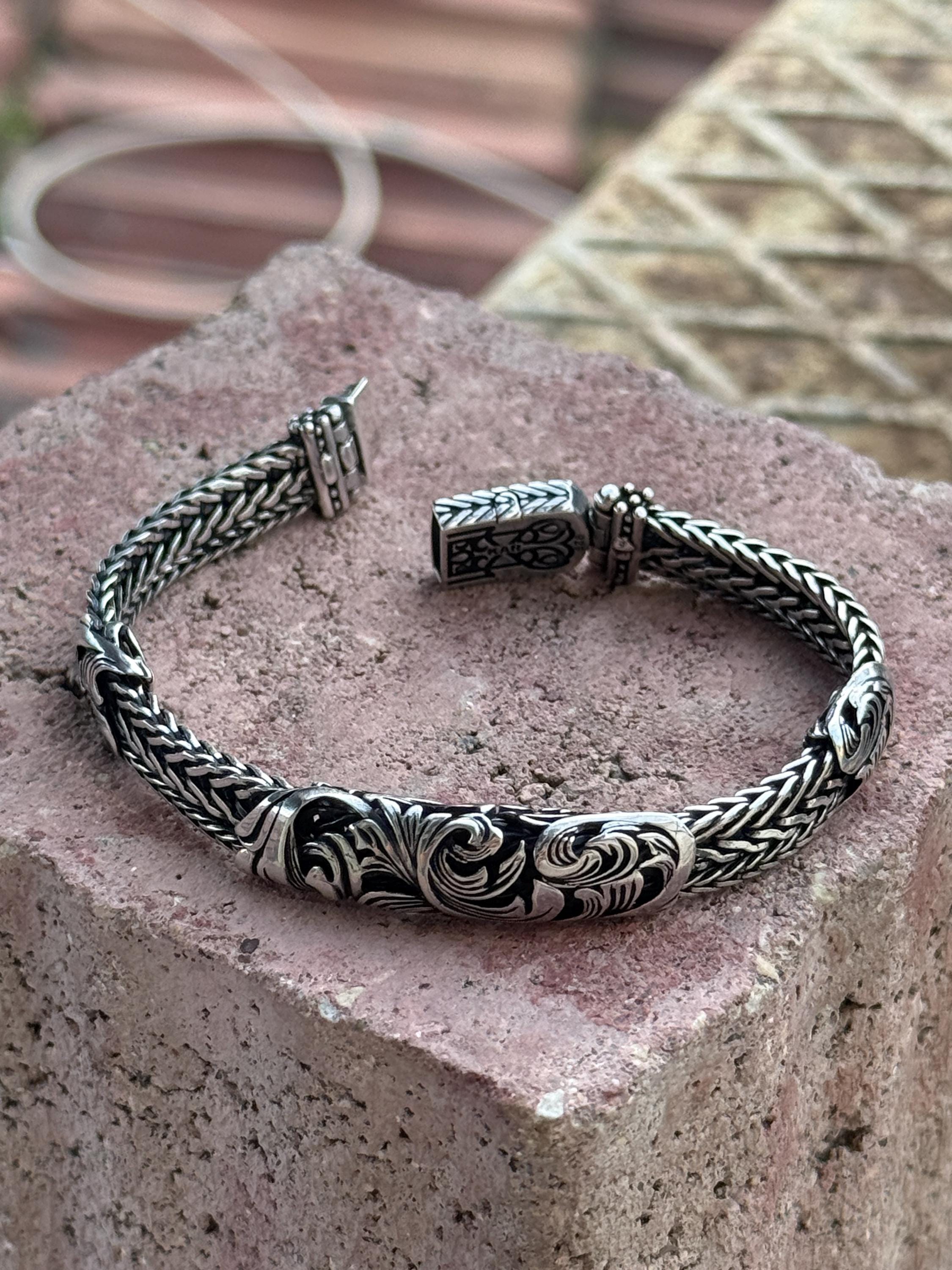 Sterling Silver Engraved Bracelet, Foxtail Chain Bracelet, Han