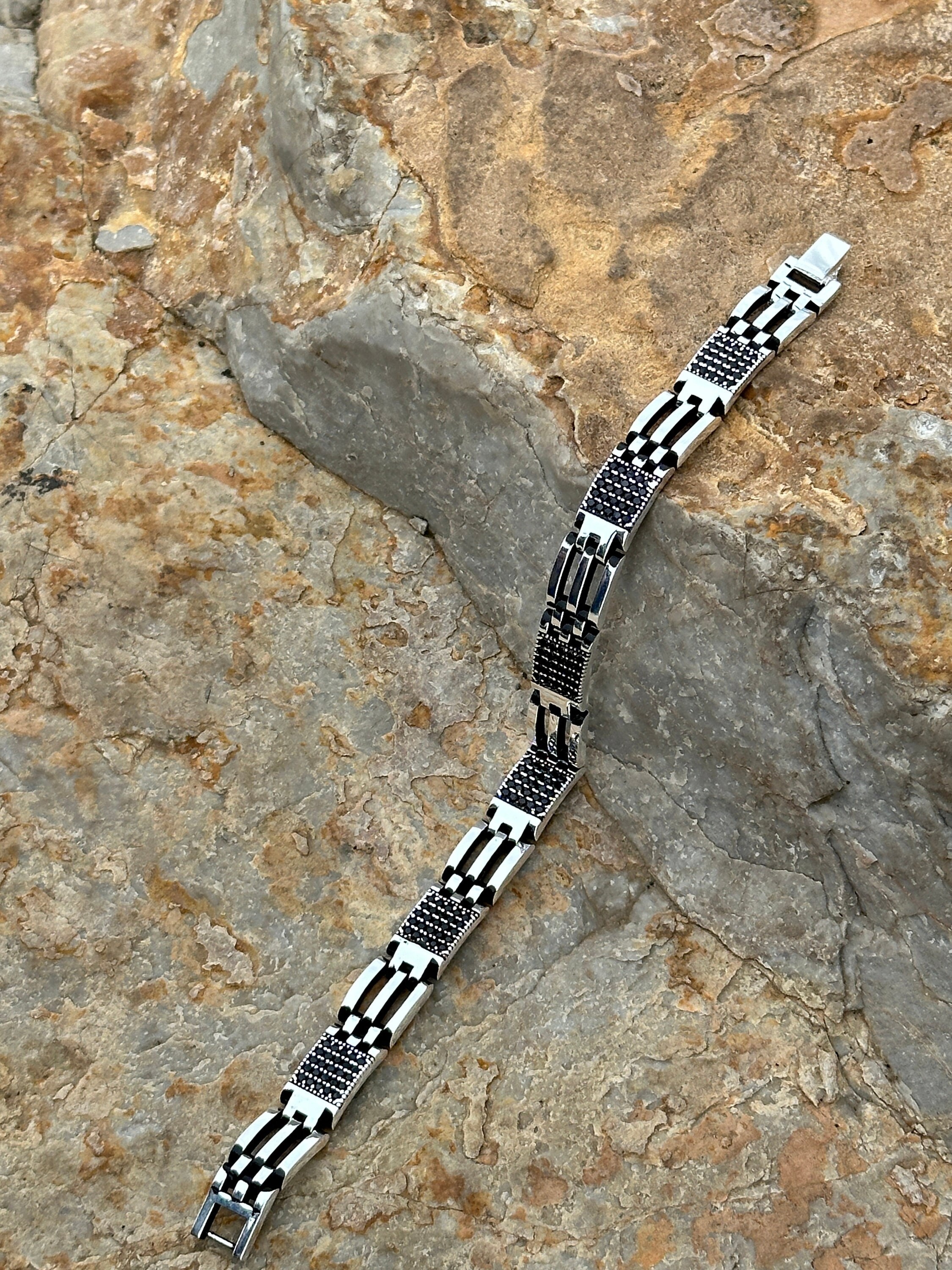 Men Silver Chain Bracelet, Black Stone Chain Bracelet