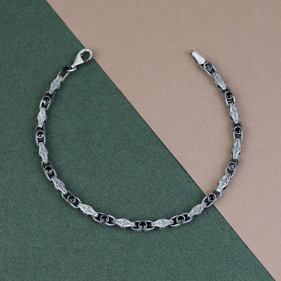 925 Silver Black Onyx Engraved Chain Bracelet, Vintage Byzantine