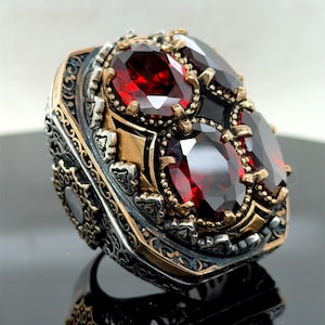 Stor rubinring i silver för män, graverad ottomansk silverring handgjord stor herrring, ring med stor röd sten, ring i 925k sterlingsilver, present till honom