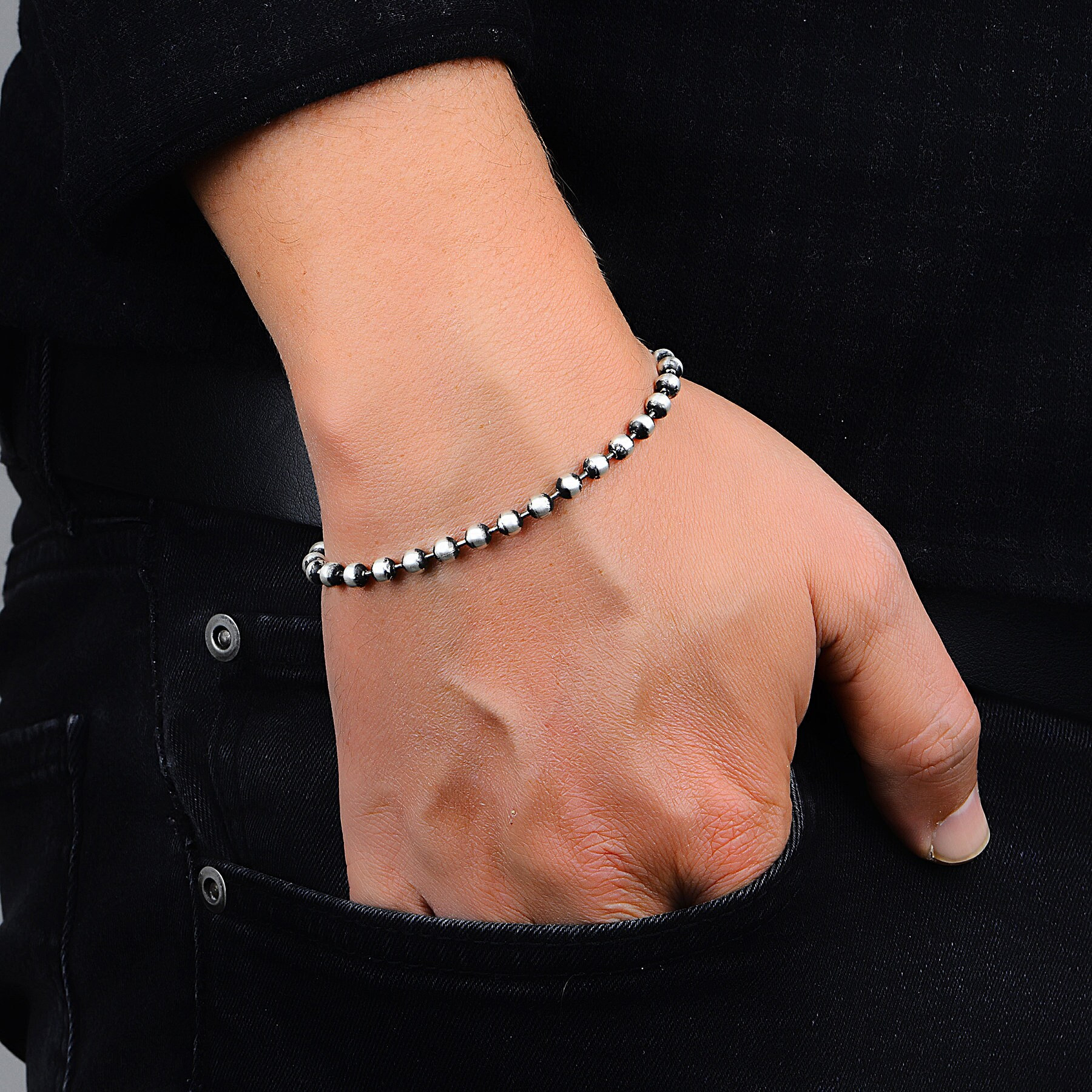 Mens silver bead bracelet cheap