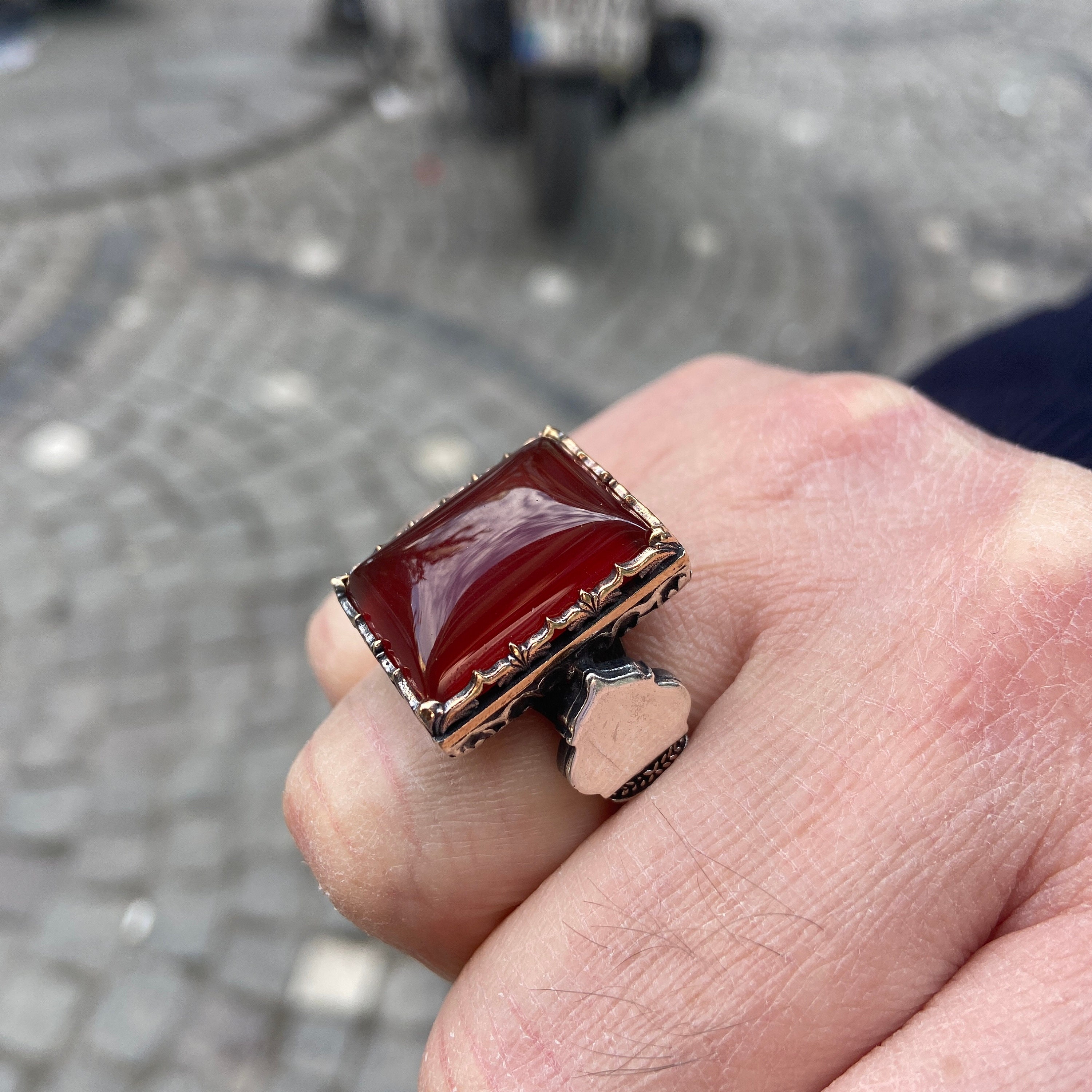 Anello Uomo In Argento 925 Con Agata Rossa Naturale, Fatto A Mano, Stile Islamico/etnico