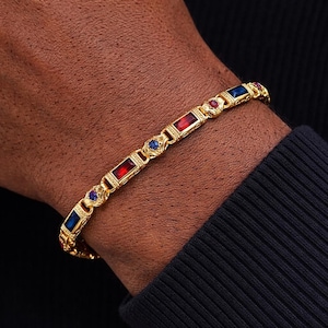 Bracelet gravé en rubis et saphirs dorés, bracelet chaîne byzantine en argent pour homme, bracelet chaîne à maillons rubis plaqué or pour homme, bracelet vintage