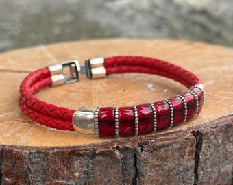 Silver Leather Natural Ruby Stone Bracelet , Men Ruby Leather Bracelet, Anniversary Gift, For Men Vintage Bracelet, 925k Silver Bracelet