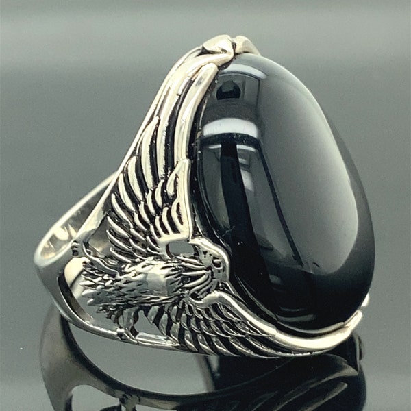 Solid 925 Sterling Silver Jewelry Eagle Head Onyx Gemstone Men's Ring Size 7-15
