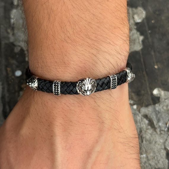 Men Silver Lion Head Leather Bracelet, Black Leather Men Zodiac