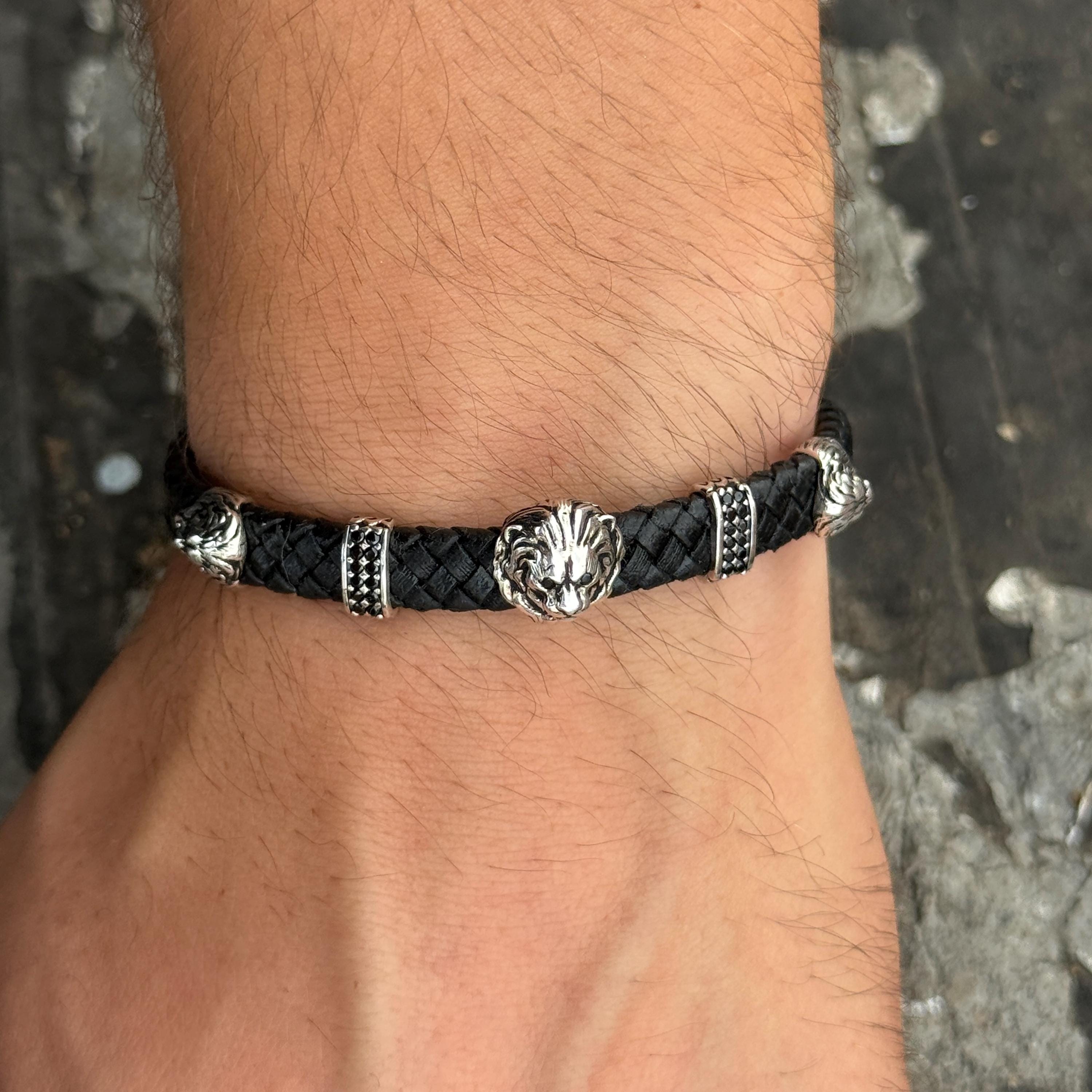 Men Silver Lion Head Leather Bracelet, Black Leather Men Zodiac
