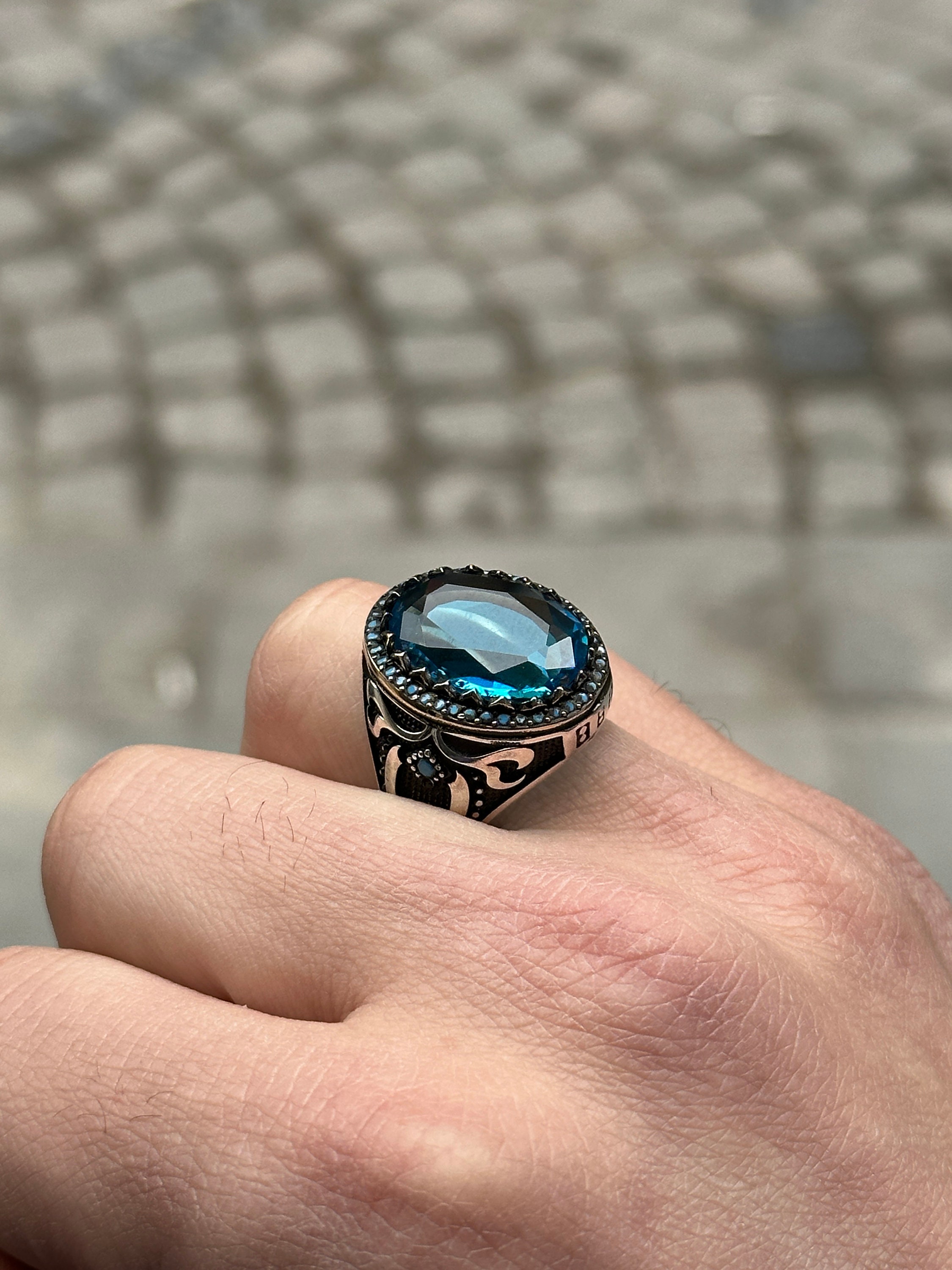 Emerald Cut Aquamarine 3 Stone Mothers Ring | LUO