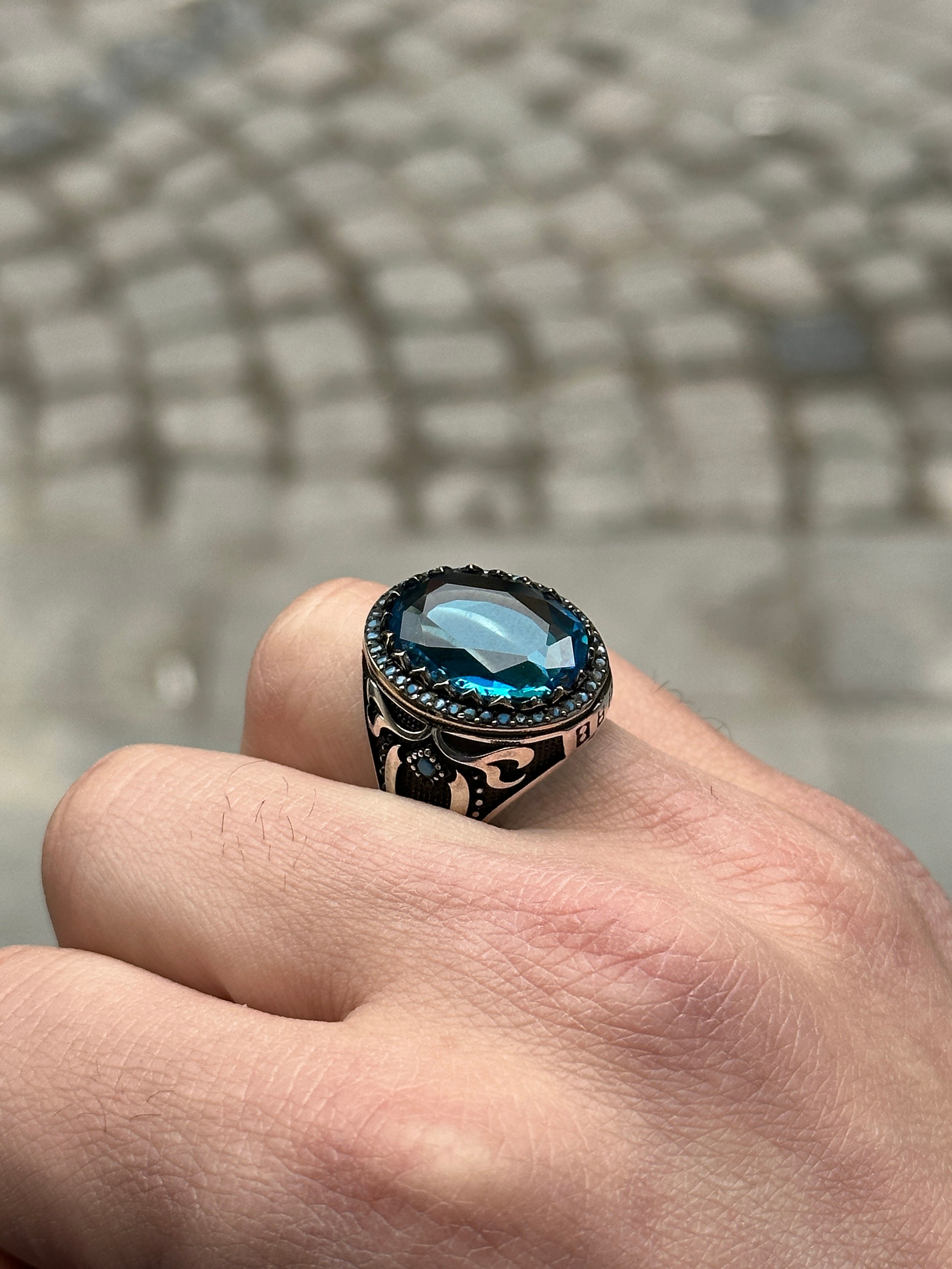 Man Silver Oval Aquamarine Stone Ring Minimal Blue Aquamarine