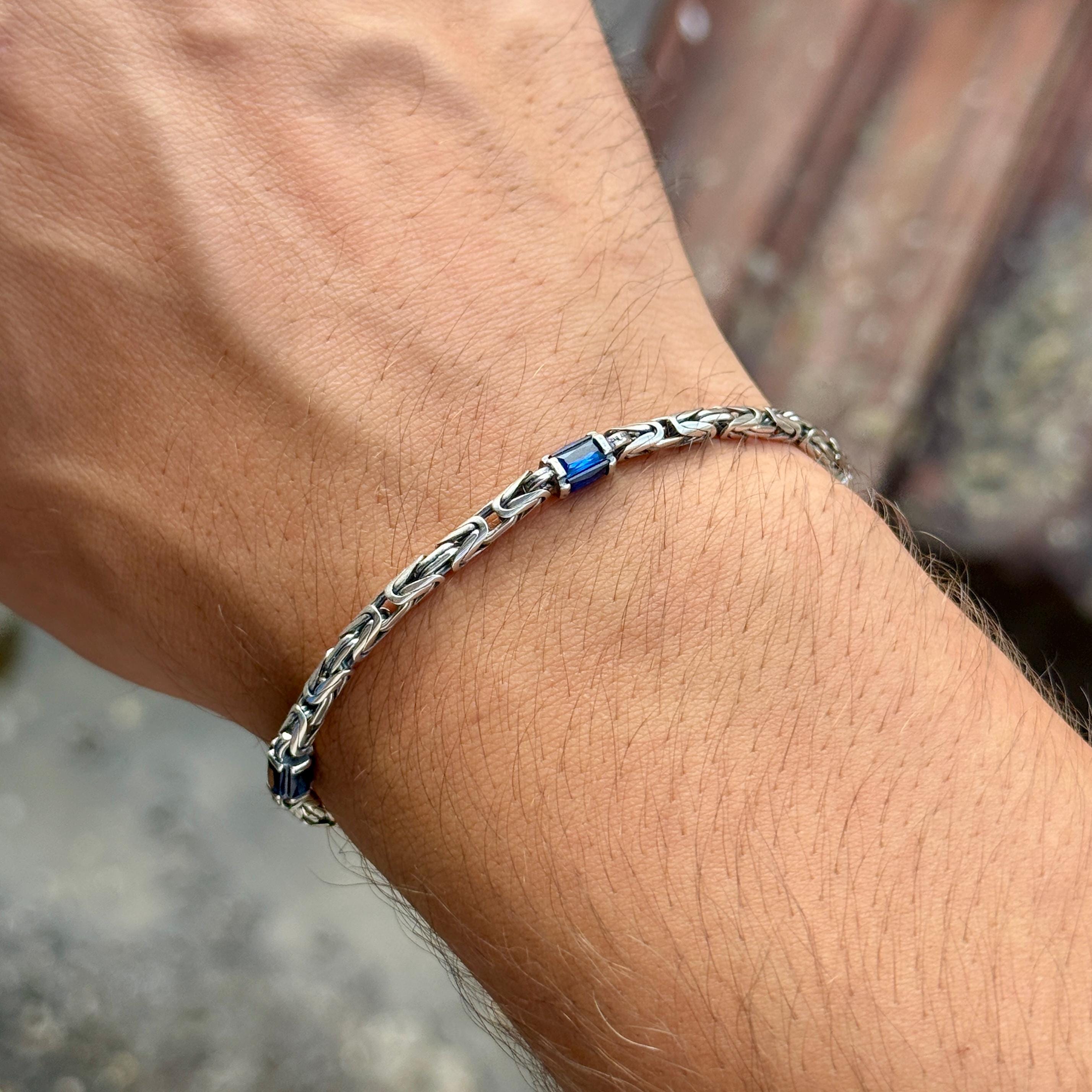 925 Silver Sapphire Stone Byzantine Chain Bracelet, 5MM King Chain