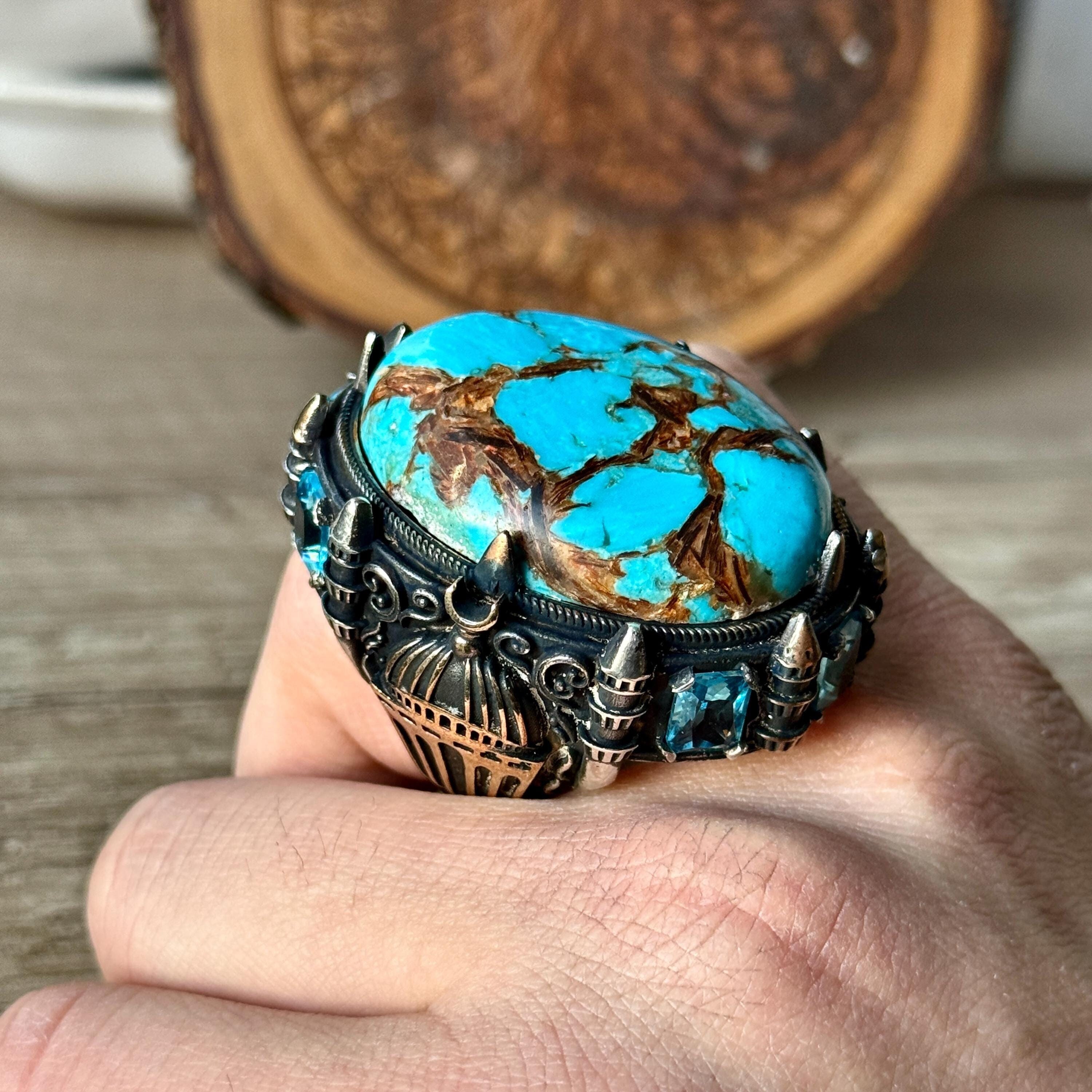 Silver Large Turquoise Ring, Men Natural Turquoise Ring, Turkish