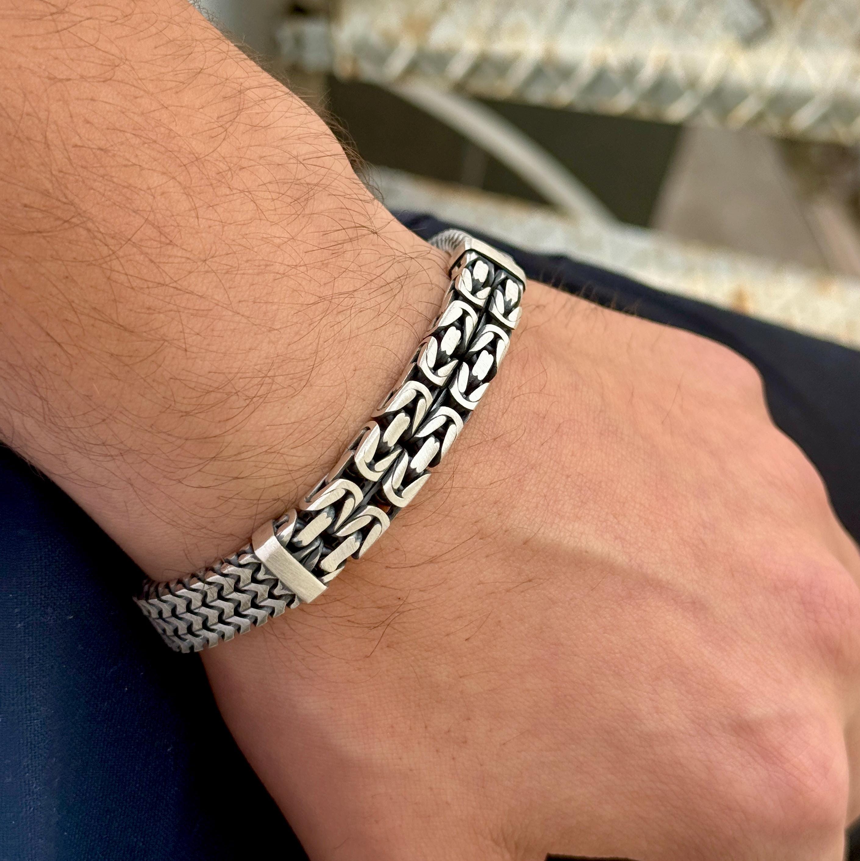 925 Sterling Silver King Chain Bracelet, Byzantine Chain and