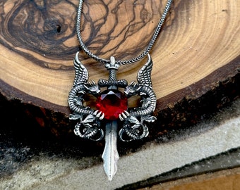 Silver Ruby Stone Dragon Pendant, Sword Dragon Necklace, Wild Dragon, Oxidized Jewelry Dragon Pendant , 925k Sterling Silver Necklace