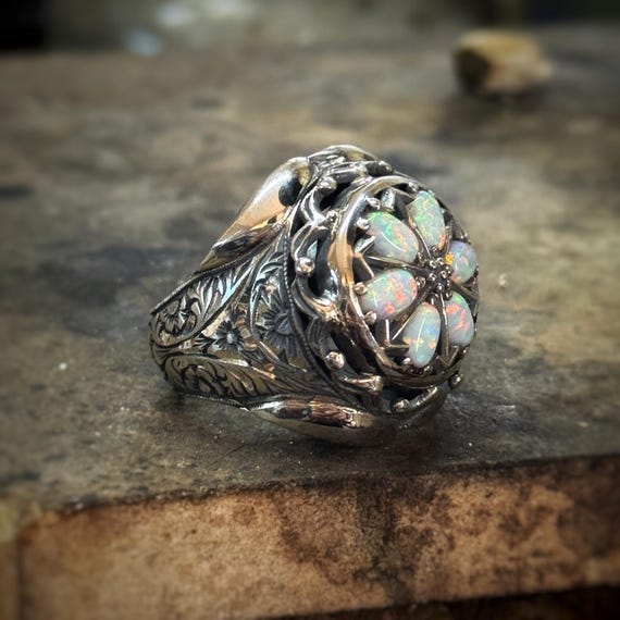 Silver Handmade Opal Ring, Hand Engraved Opal Ring, White Opal Men