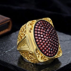 Men Large Gold Ruby Ring, Handmade Red Ruby Men Ring, Turkish Handmade Ring, Ottoman Style Men Ring, 925 Sterling Silver, Father Gift